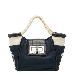 Chanel Coco Mark Chocolate Bar Rope Handle Handbag A28010 Navy Canvas Leather...